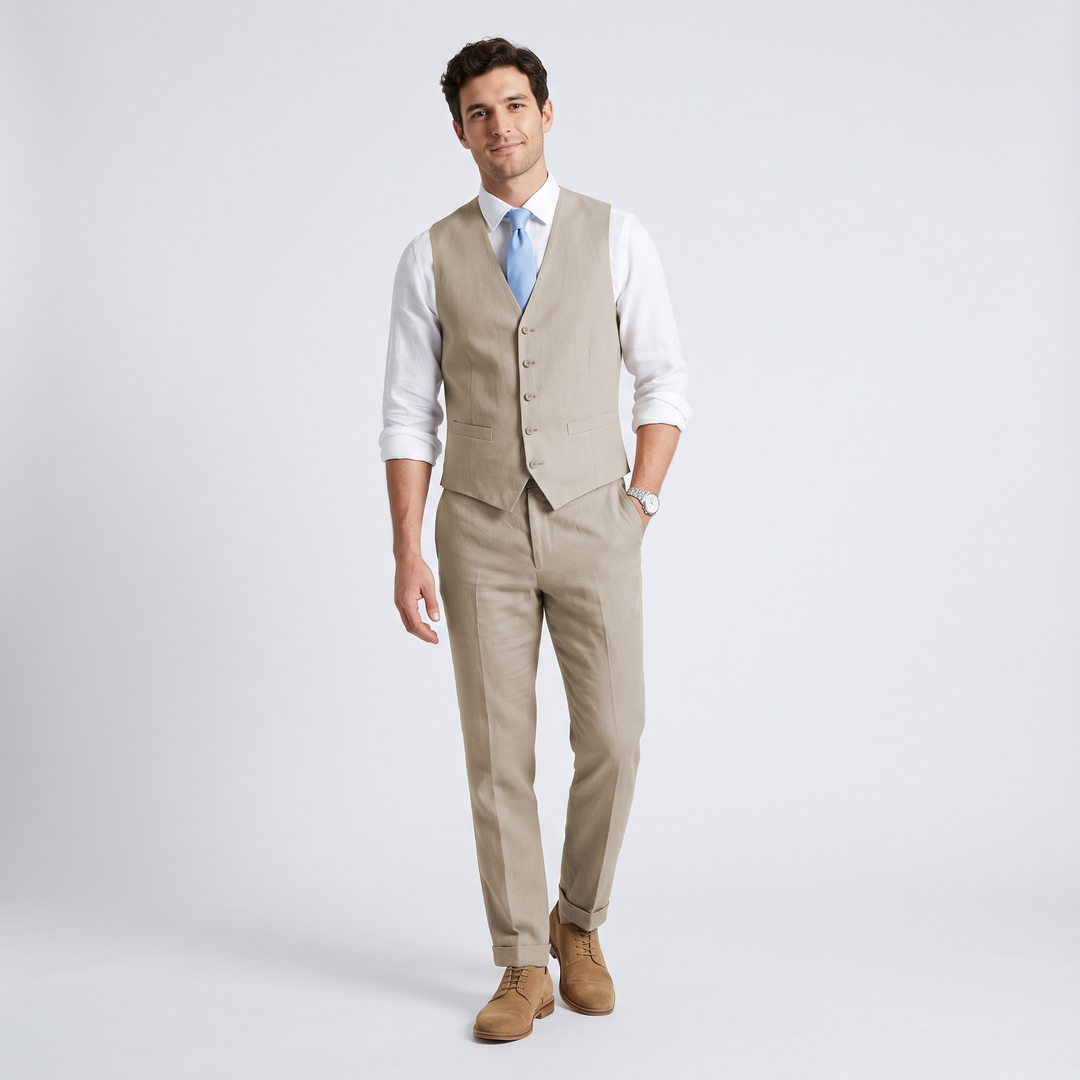 Menseventwear 2 Pieces Linen Men's Suit V Neck Vest  Groomsmen Suit For Wedding (Vest + Pants) Mens Event Wear