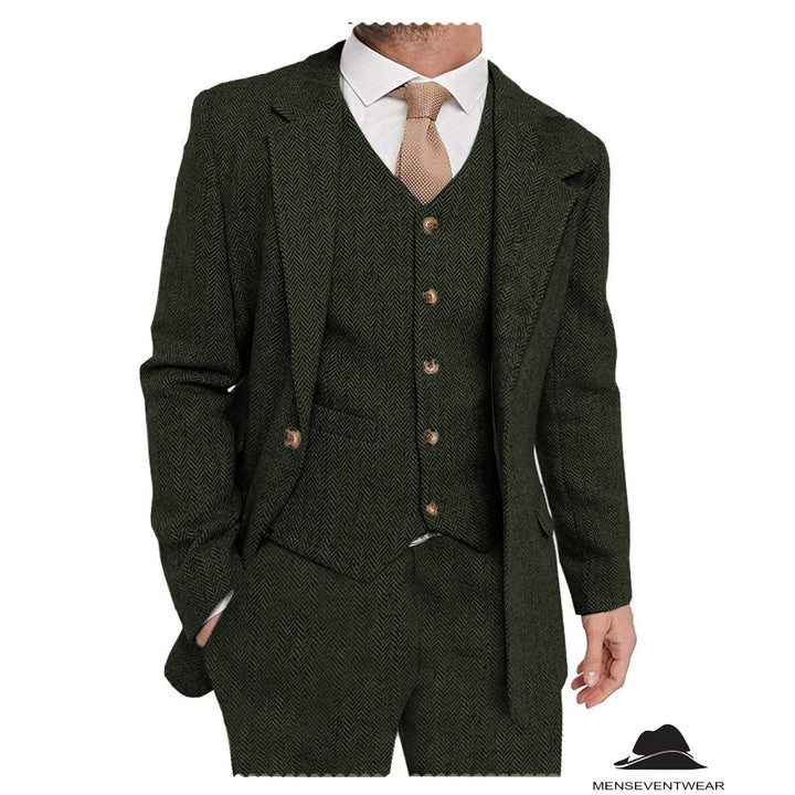 Menseventwear 3 Pieces Mens Suit Classic Herringbone Notch Lapel Tuxedos (Blazer+vest+Pants) mens event wear
