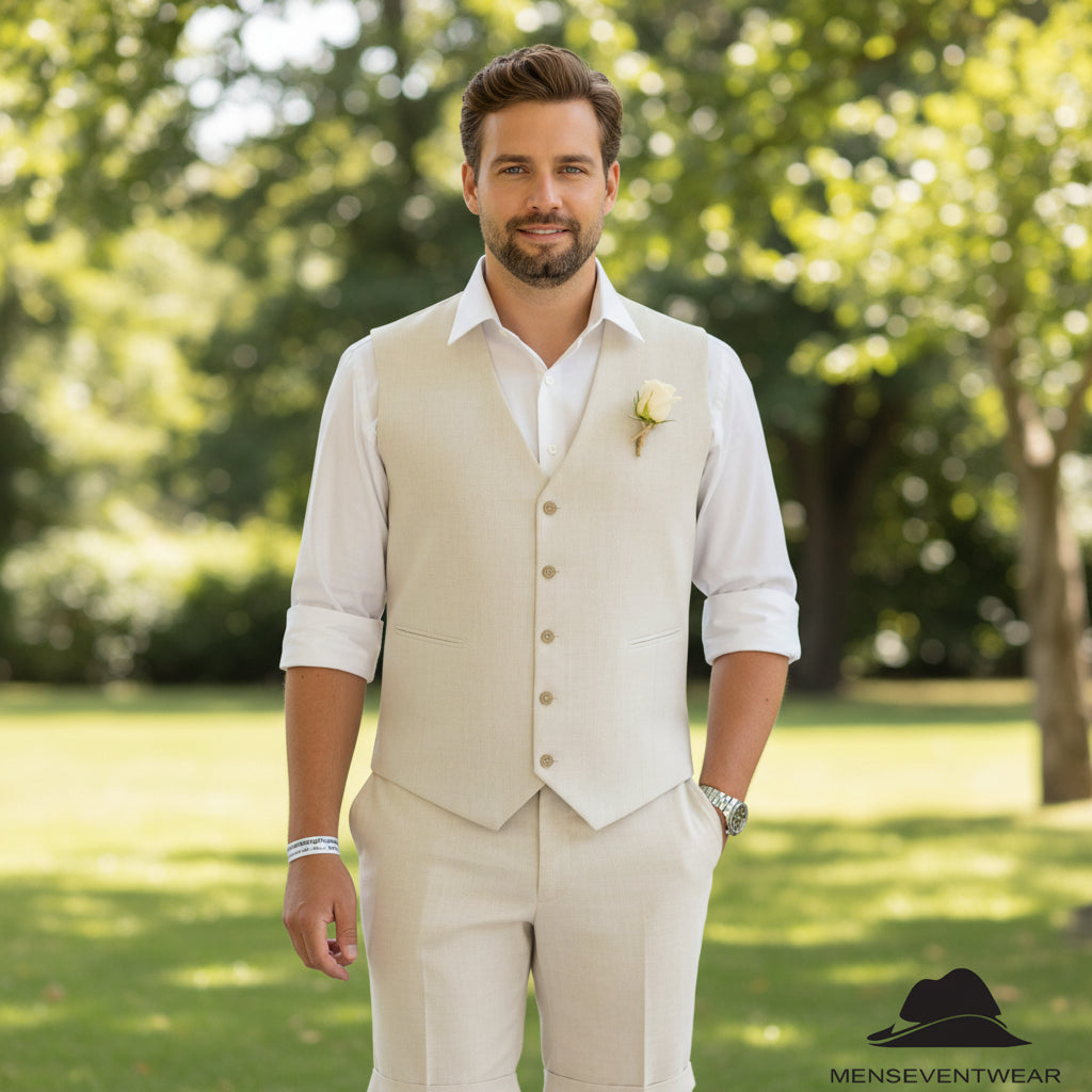 Menseventwear Casual 2 Piece Men's Suit Flat Linen V Neck Tuxedos (Blazer+Shorts) mens event wear