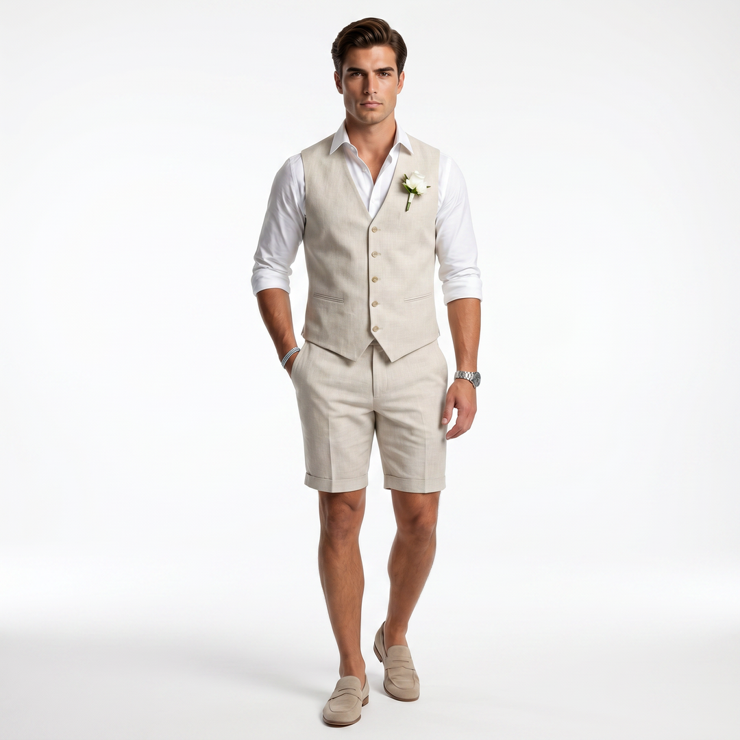Menseventwear Casual 2 Piece Men's Suit Flat Linen V Neck Tuxedos (Blazer+Shorts) Mens Event Wear