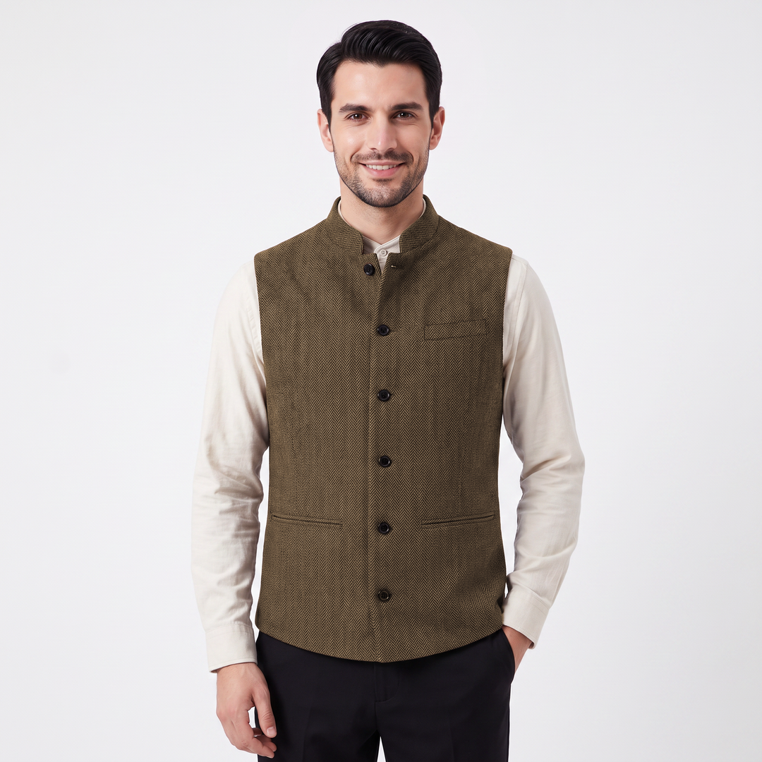 Menseventwear Casual Men's Slim Fit Stand Collar Herringbone Waistcoat Mens Event Wear