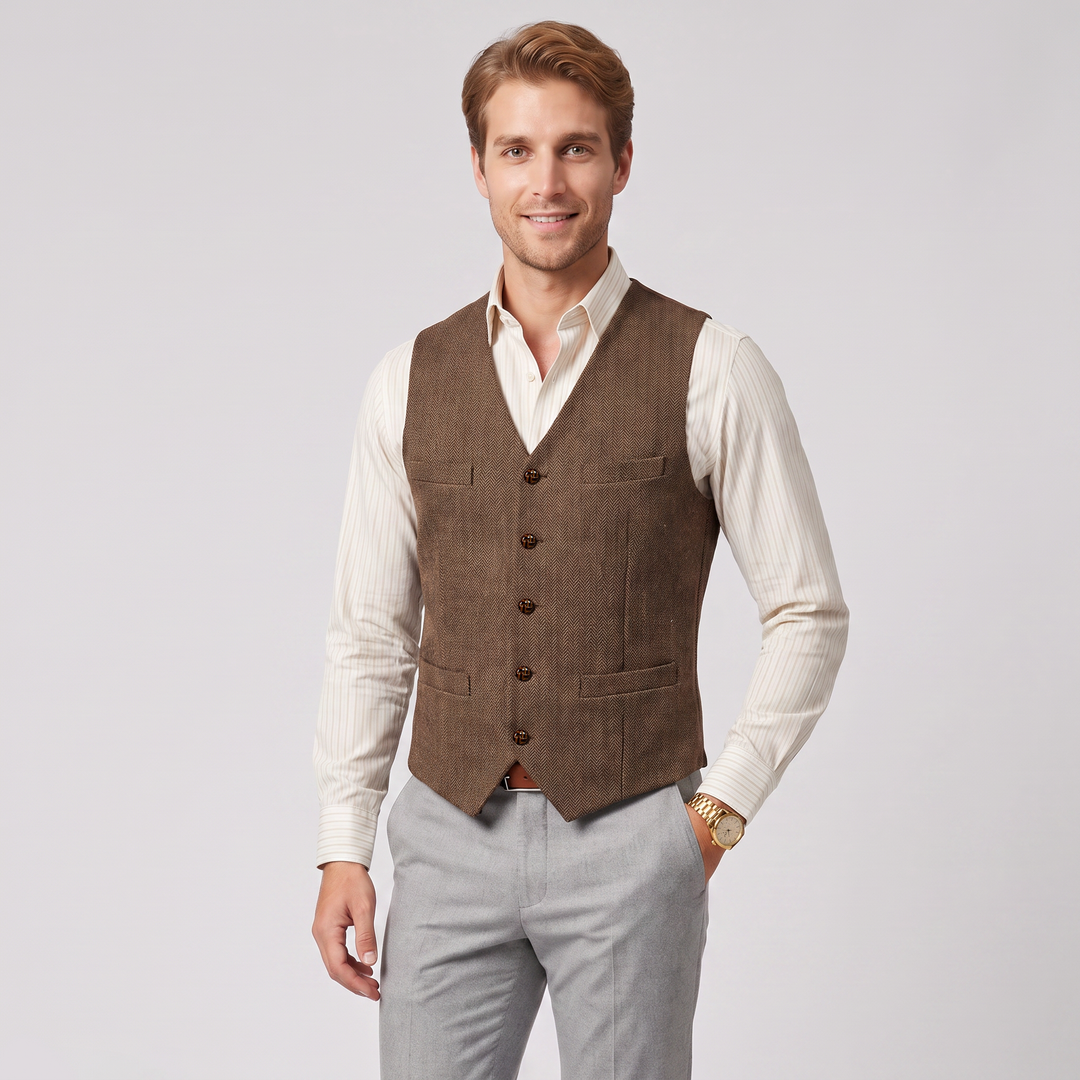 Menseventwear Casual Men's Slim Fit Tweed Herringbone V Neck Waistcoat Mens Event Wear