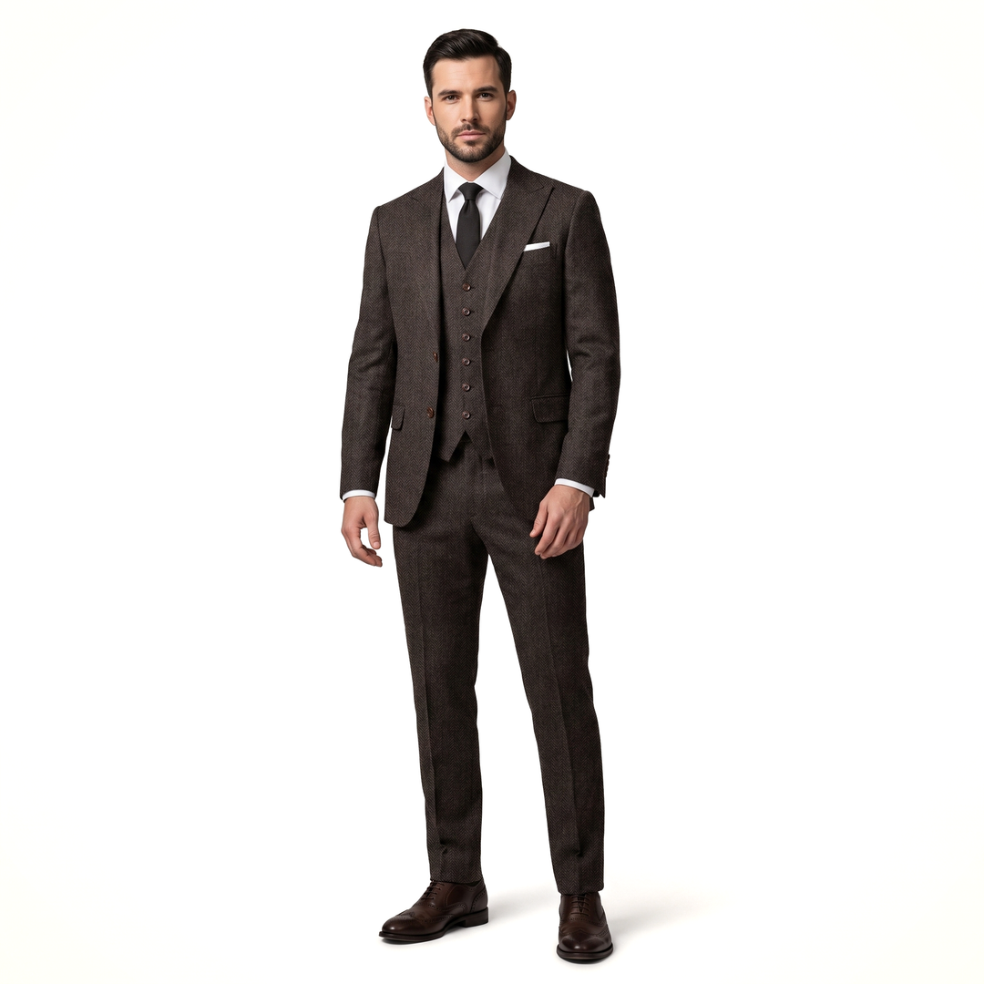 Menseventwear Classic 3 Pieces Men's Suit Herringbone Peak Lapel Suit(Blazer+vest+Pants) Mens Event Wear