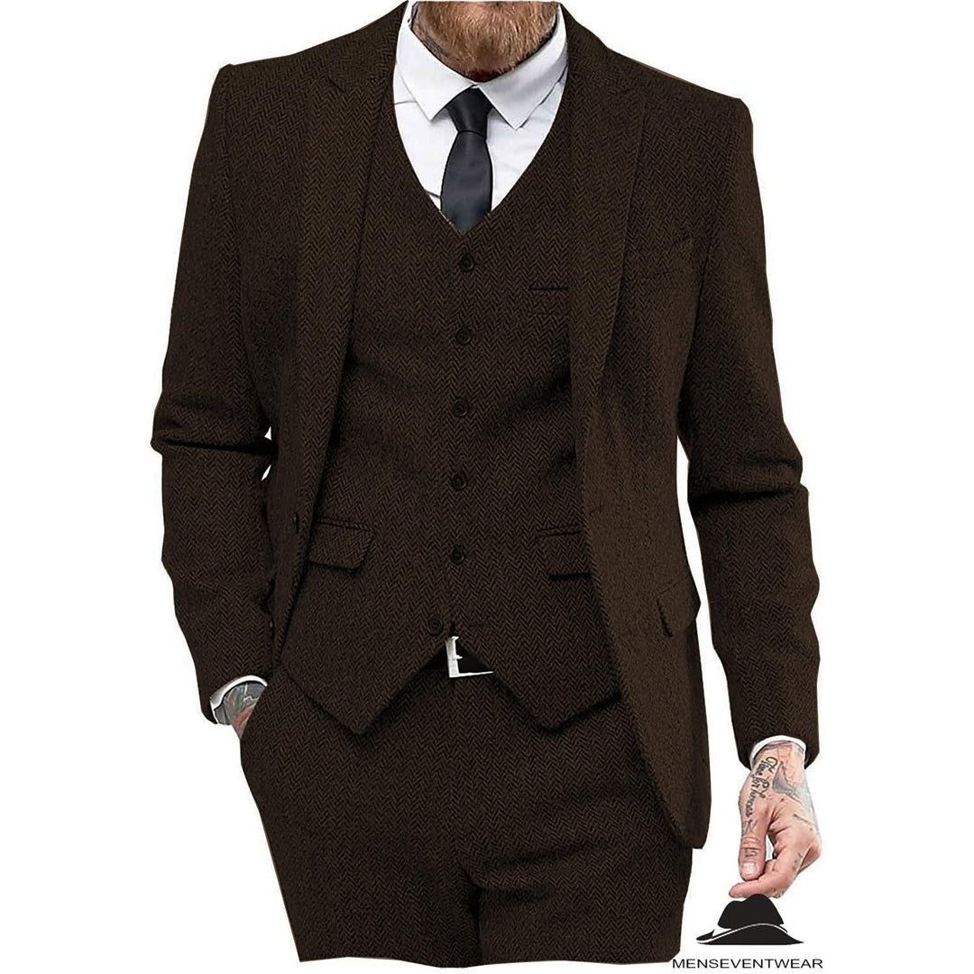 Menseventwear Classic 3 Pieces Mens Suit Herringbone Tweed Peak Lapel Tuxedos (Blazer+vest+Pants) mens event wear