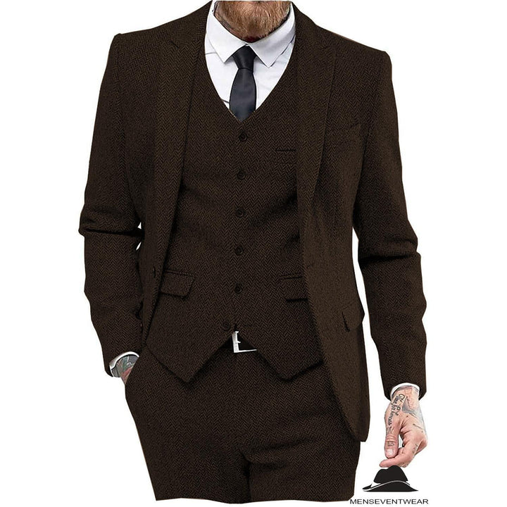 Menseventwear Classic 3 Pieces Mens Suit Herringbone Tweed Peak Lapel Tuxedos (Blazer+vest+Pants) mens event wear