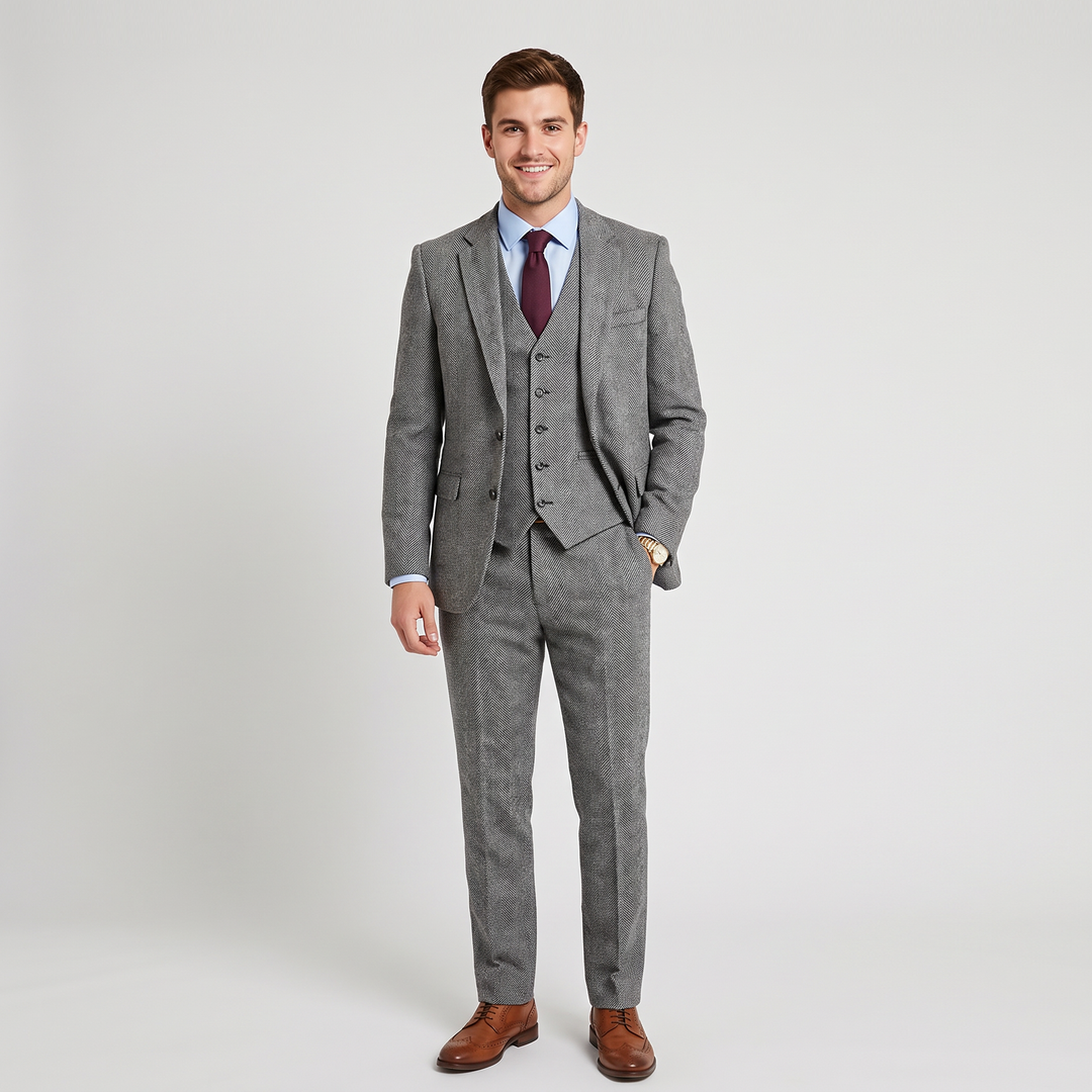 Menseventwear Classical 3 Pieces Men's Suit Herringbone Tweed Notch Lapel Tuxedos (Blazer+vest+Pants) Mens Event Wear