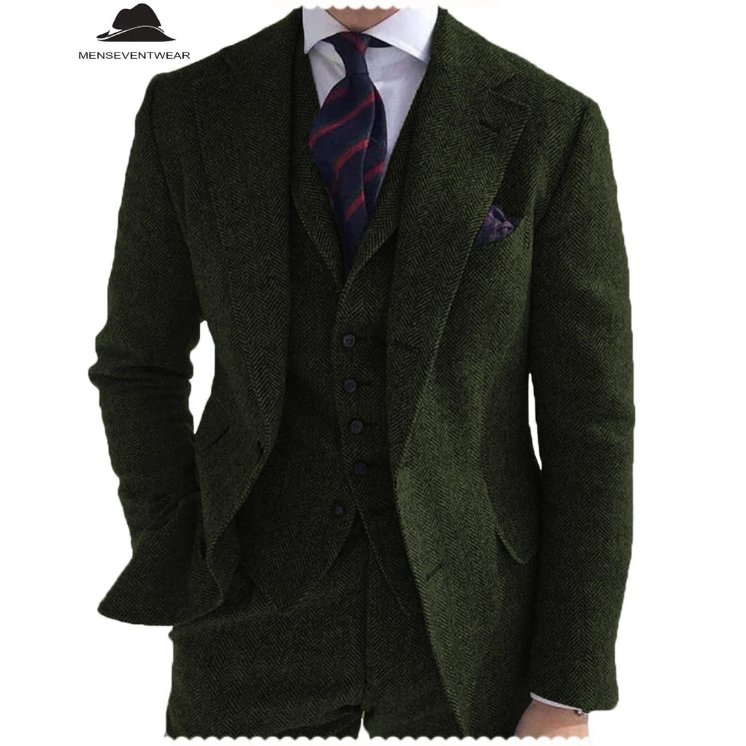 Menseventwear Formal 3 Piece Mens Suit Herringbone Notch Lapel Blazer (Blazer Vest+Pants) mens event wear