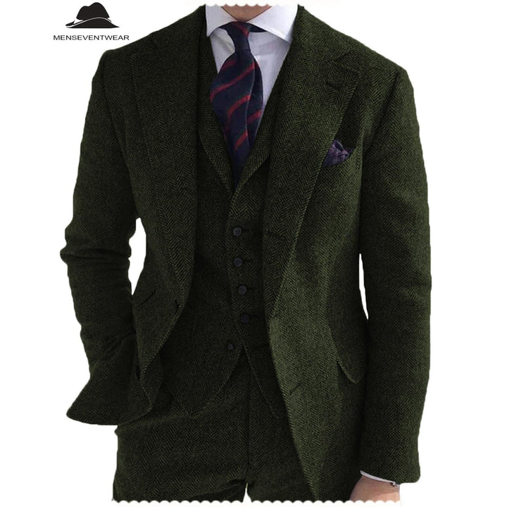 Menseventwear Formal 3 Piece Mens Suit Herringbone Notch Lapel Blazer (Blazer Vest+Pants) mens event wear