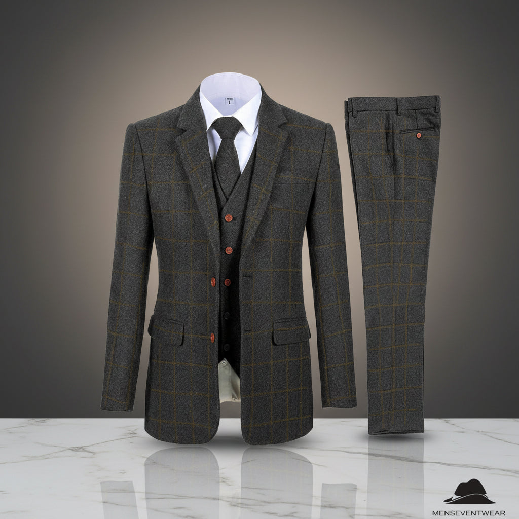 Menseventwear Formal Men's Business 3 Pieces Tweed Plaid Notch Lapel Suit (Blazer+vest+Pants) Adam Reed