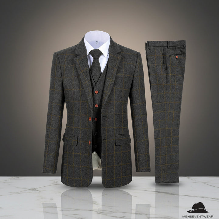 Menseventwear Formal Men's Business 3 Pieces Tweed Plaid Notch Lapel Suit (Blazer+vest+Pants) Adam Reed