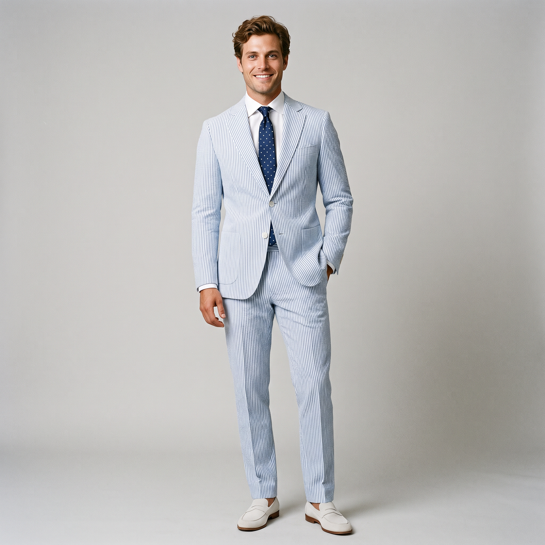 Menseventwear Formal Men's Suit 2 Pieces Striped Seersucker Notch Lapel Tuxedos (Blazer+Pants) Mens Event Wear