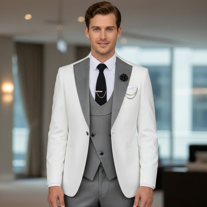 Menseventwear Formal Men's Suits Slim Fit 3 Pieces Notch Lapel Tuxedos (White Blazer+Vest+ Pant) mens event wear