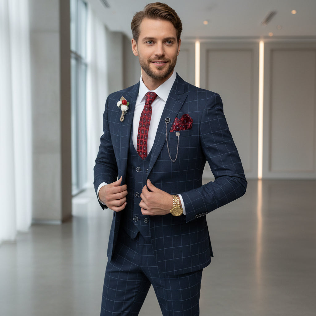 Menseventwear Formal Mens Suit 3 Pieces Business Plaid Solid Peak Lapel Tuxedos (Blazer+Vest+Pants) Adam Reed