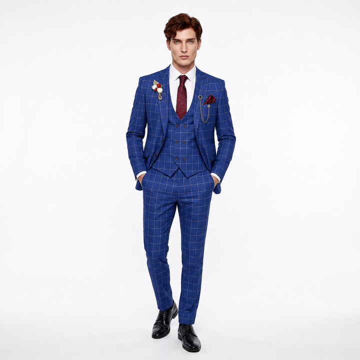 Menseventwear Formal Mens Suit 3 Pieces Business Plaid Solid Peak Lapel Tuxedos (Blazer+Vest+Pants) Mens Event Wear