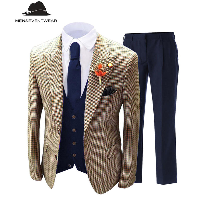 Menseventwear Men's 3 Pieces Houndstooth Peak Lapel Tuxedos (Blazer+vest+Pants) mens event wear