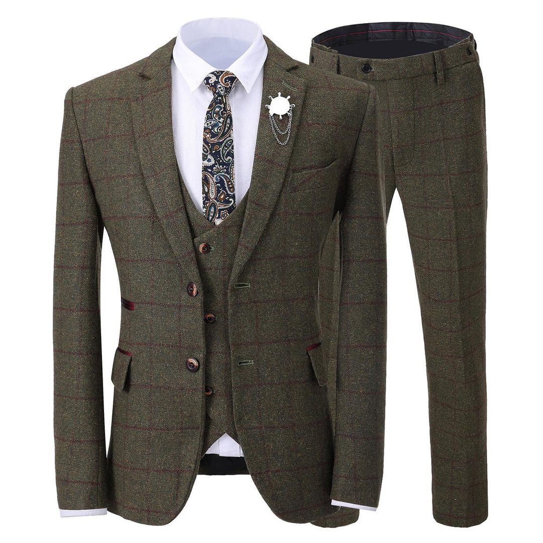 Menseventwear Men's 3 Pieces Mens Formal Tweed Plaid Notch Lapel Suit (Blazer+vest+Pants) mens event wear