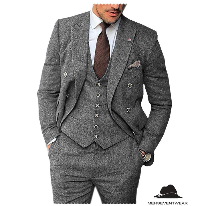 Menseventwear Men's 3 Pieces Mens Suit Classic Herringbone Tweed Peak Lapel Tuxedos (Blazer+vest+Pants) mens event wear