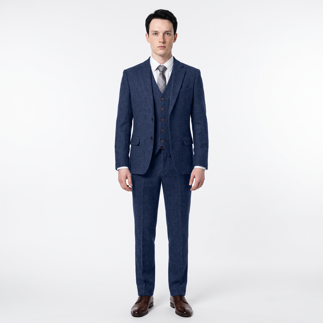 Menseventwear Men's 3 Pieces Royal Blue Herringbone Tweed Notch Lapel Suit (Blazer+vest+Pants) Mens Event Wear