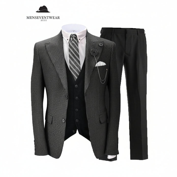 Menseventwear Men's 3 Pieces Slim Fit Houndstooth Peak Lapel Tuxedos (Blazer+vest+Pants) mens event wear