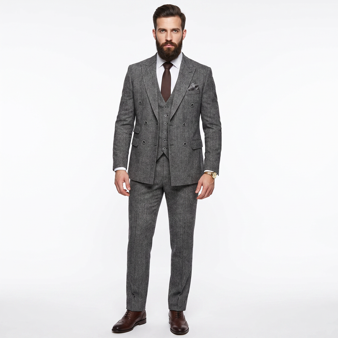 Menseventwear Men's 3 Pieces Suit Classic Herringbone Tweed Peak Lapel Tuxedos (Blazer+vest+Pants) Mens Event Wear