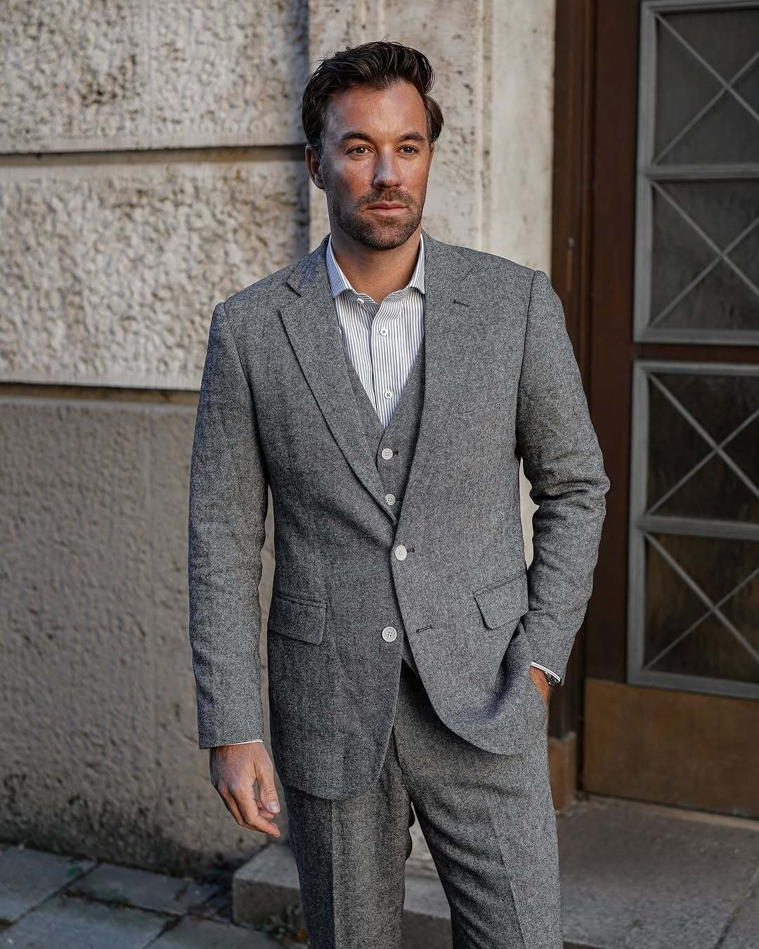 Menseventwear Men's Casual 3 Pieces Mens Suit Classic Tweed Notch Lapel Tuxedos (Blazer+vest+Pants) mens event wear