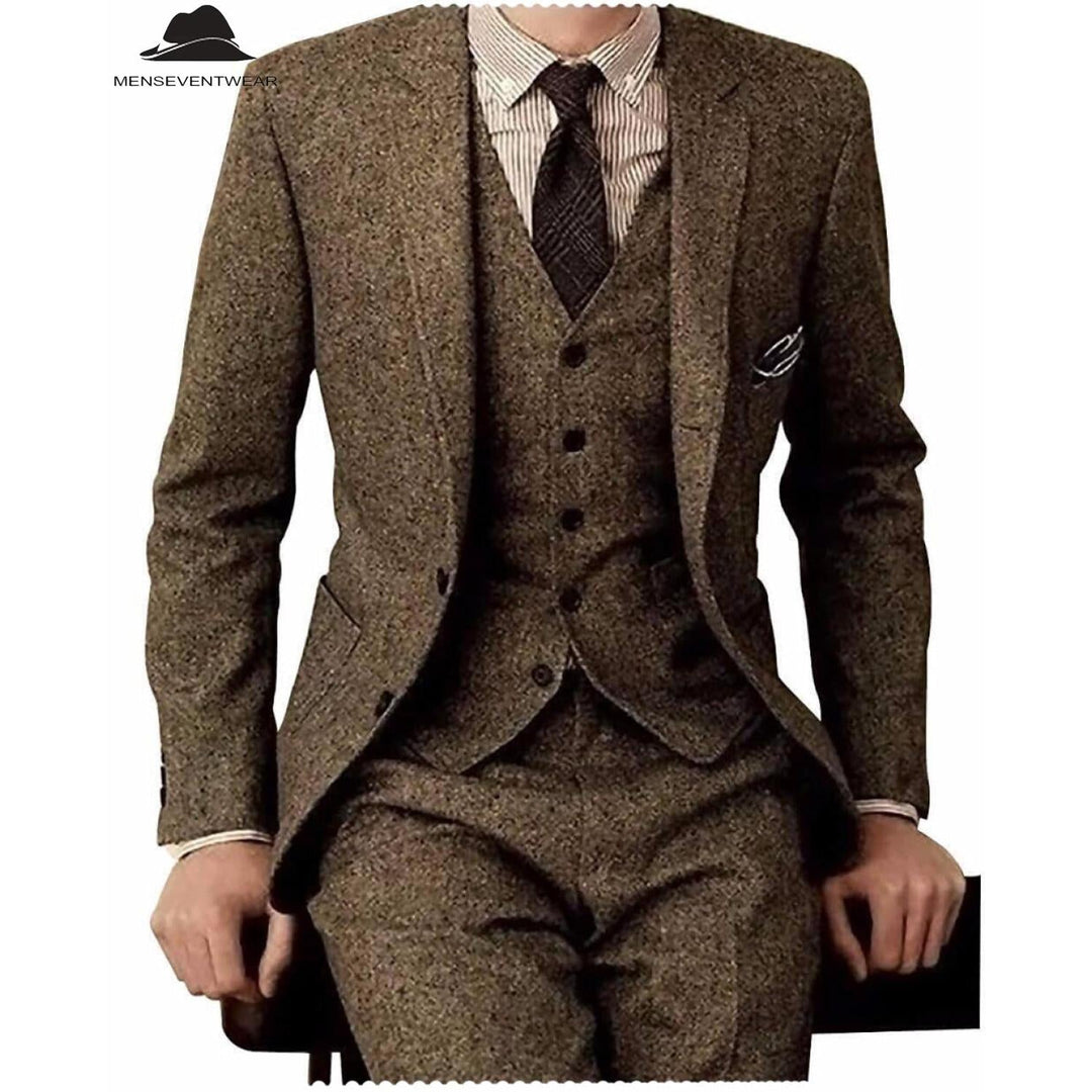 Menseventwear Men's Casual 3 Pieces Mens Suit Classic Tweed Notch Lapel Tuxedos (Blazer+vest+Pants) mens event wear