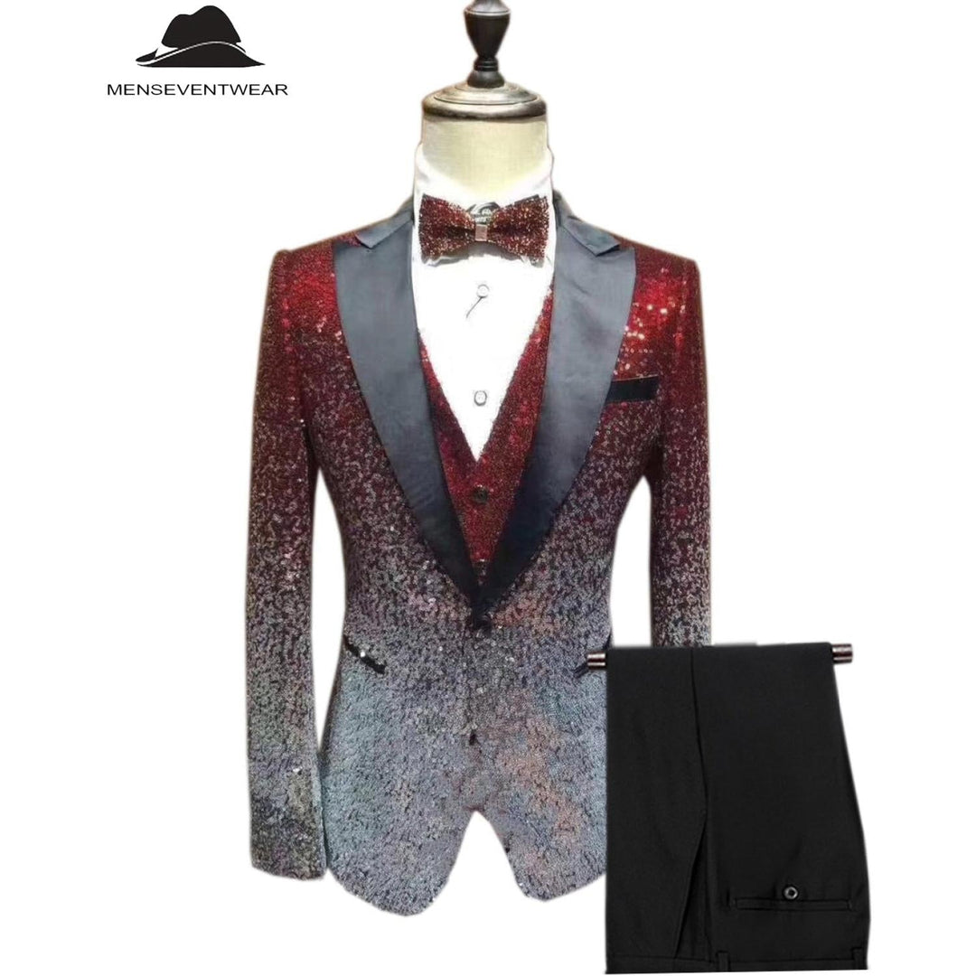 Menseventwear Men's Fashion Gradient Sequined Tuxedo Suit Peak lapel Men's Suit (Blazer + Vest + Pants) mens event wear