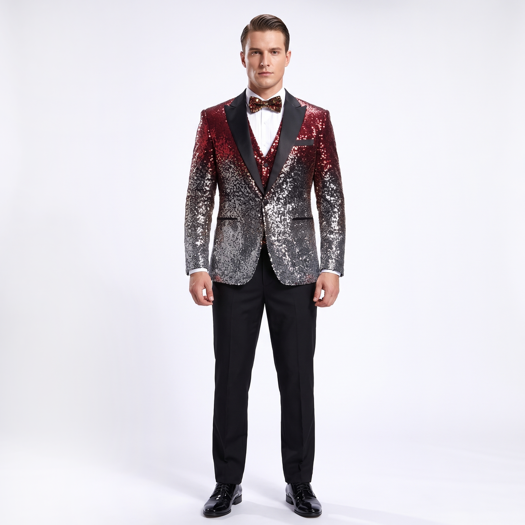 Menseventwear Men's Fashion Gradient Sequined Tuxedo Suit Peak lapel Men's Suit (Blazer + Vest + Pants) Mens Event Wear