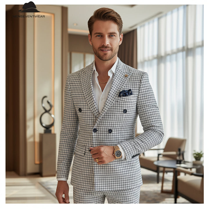 Menseventwear Men's Plaid 2 Piece Double Breasted Houndstooth Peak lapel Tuxedos (Blazer+Pants) mens event wear