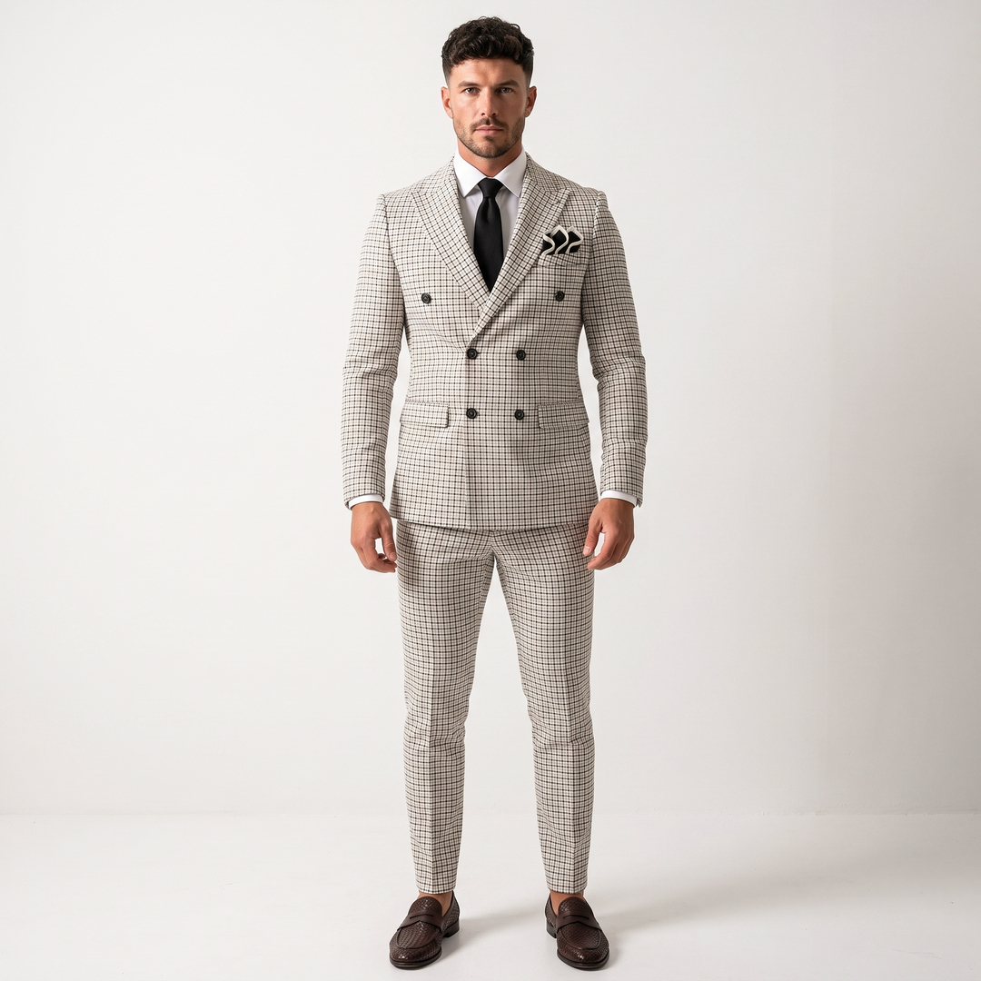 Menseventwear Men's Plaid 2 Piece Double Breasted Houndstooth Peak lapel Tuxedos (Blazer+Pants) Mens Event Wear