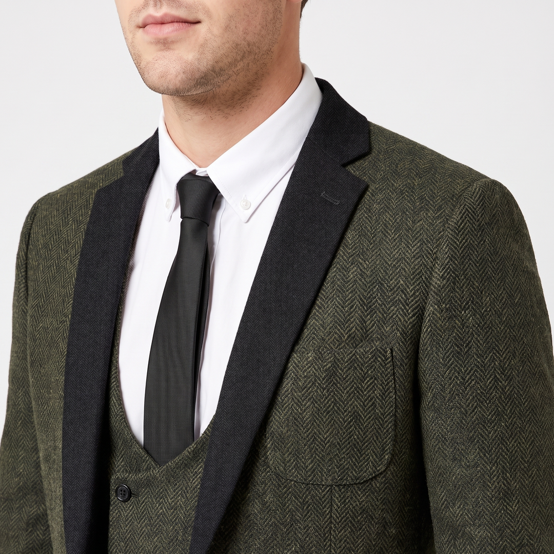 Menseventwear Vintage Classical 3 Piece Men‘s Suit Herringbone Notch Lapel Suit (Blazer Vest+Pants) Mens Event Wear