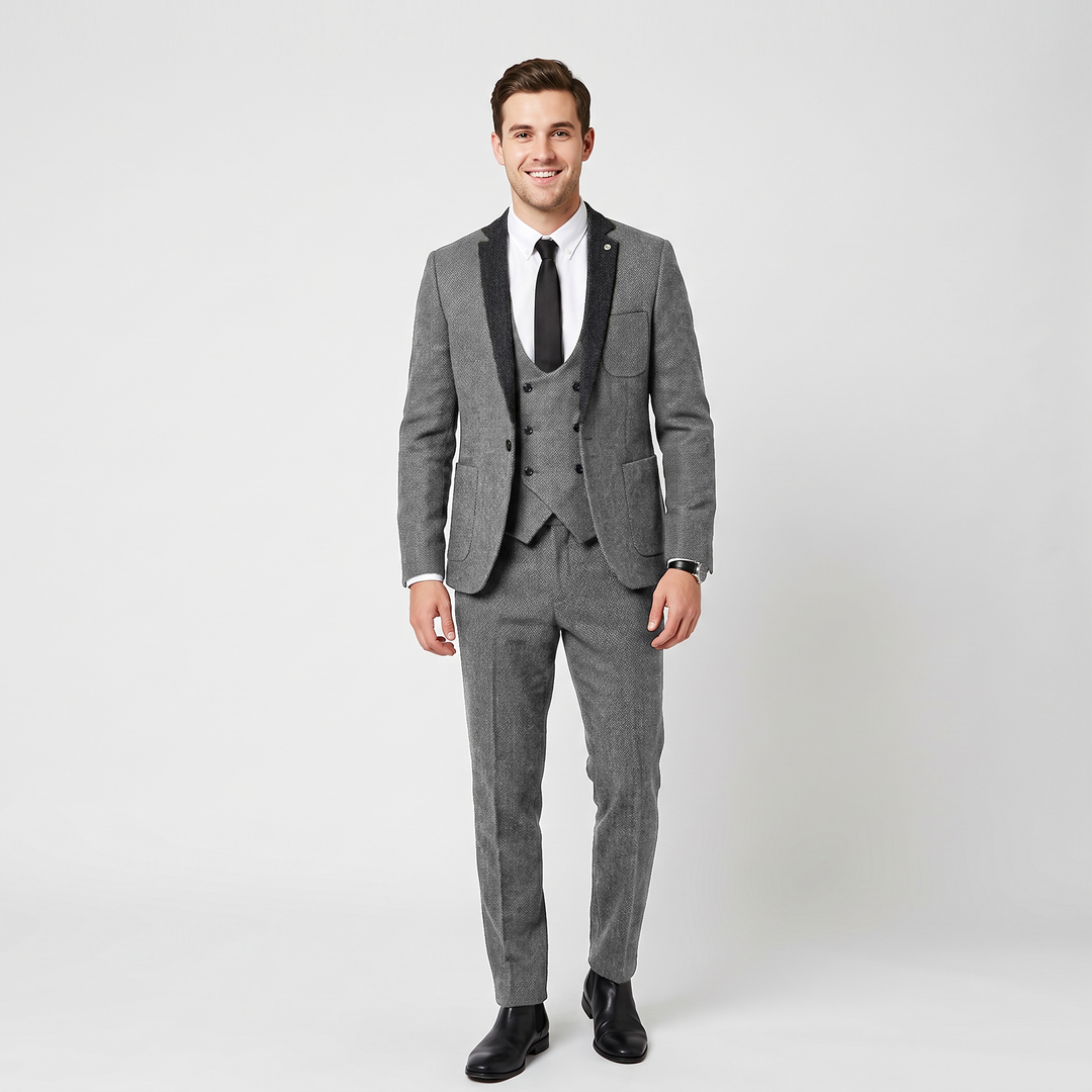 Menseventwear Vintage Classical 3 Piece Men‘s Suit Herringbone Notch Lapel Suit (Blazer Vest+Pants) Mens Event Wear