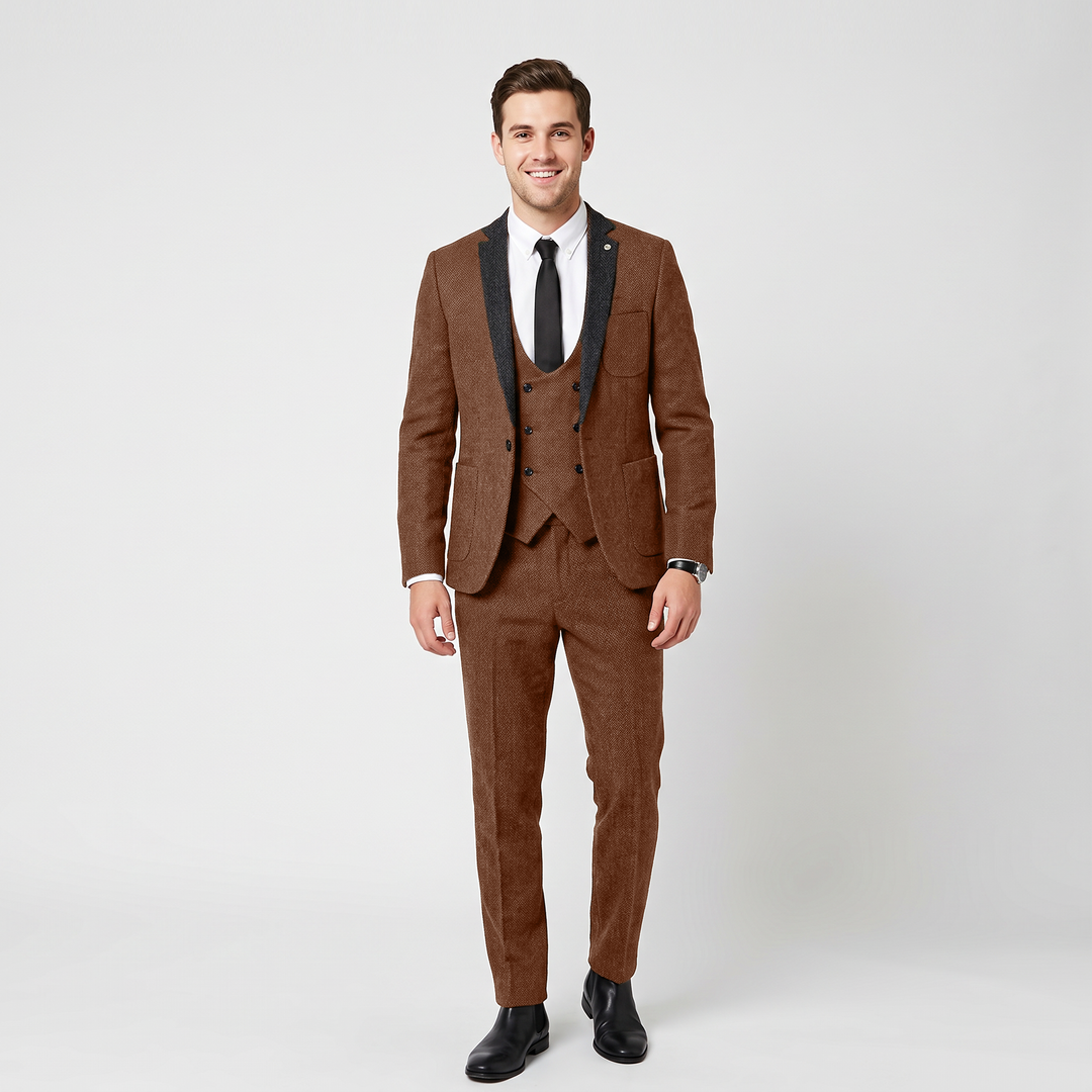 Menseventwear Vintage Classical 3 Piece Men‘s Suit Herringbone Notch Lapel Suit (Blazer Vest+Pants) Mens Event Wear