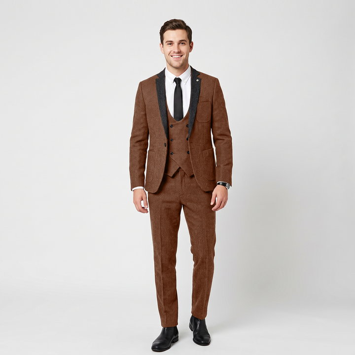 Menseventwear Vintage Classical 3 Piece Men‘s Suit Herringbone Notch Lapel Suit (Blazer Vest+Pants) Mens Event Wear