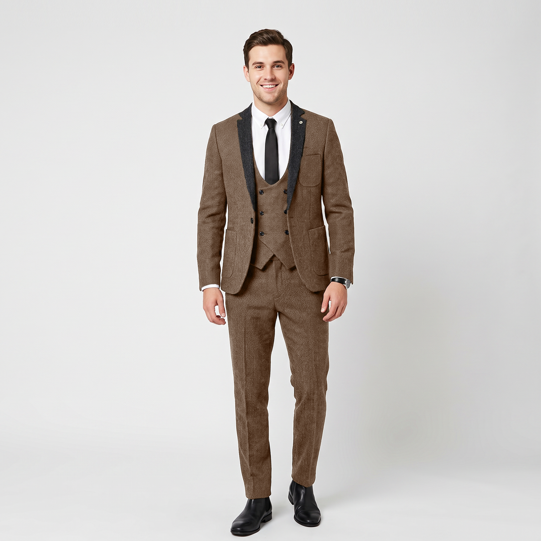 Menseventwear Vintage Classical 3 Piece Men‘s Suit Herringbone Notch Lapel Suit (Blazer Vest+Pants) Mens Event Wear