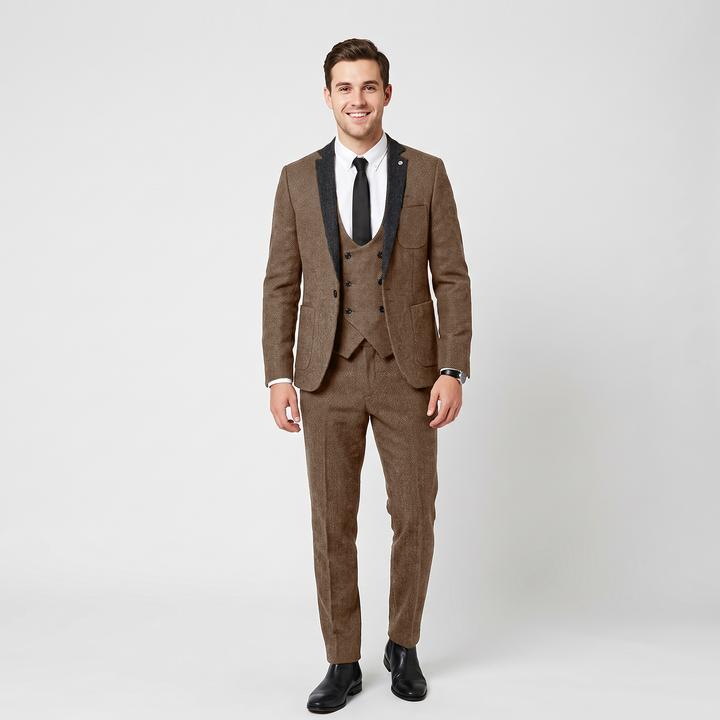 Menseventwear Vintage Classical 3 Piece Men‘s Suit Herringbone Notch Lapel Suit (Blazer Vest+Pants) Mens Event Wear