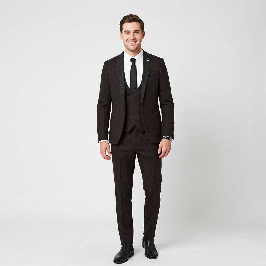 Menseventwear Vintage Classical 3 Piece Men‘s Suit Herringbone Notch Lapel Suit (Blazer Vest+Pants) Mens Event Wear