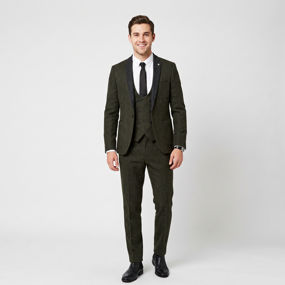 Menseventwear Vintage Classical 3 Piece Men‘s Suit Herringbone Notch Lapel Suit (Blazer Vest+Pants) Mens Event Wear