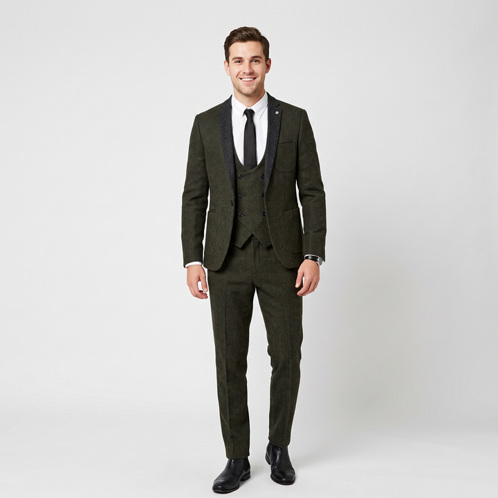 Menseventwear Vintage Classical 3 Piece Men‘s Suit Herringbone Notch Lapel Suit (Blazer Vest+Pants) Mens Event Wear
