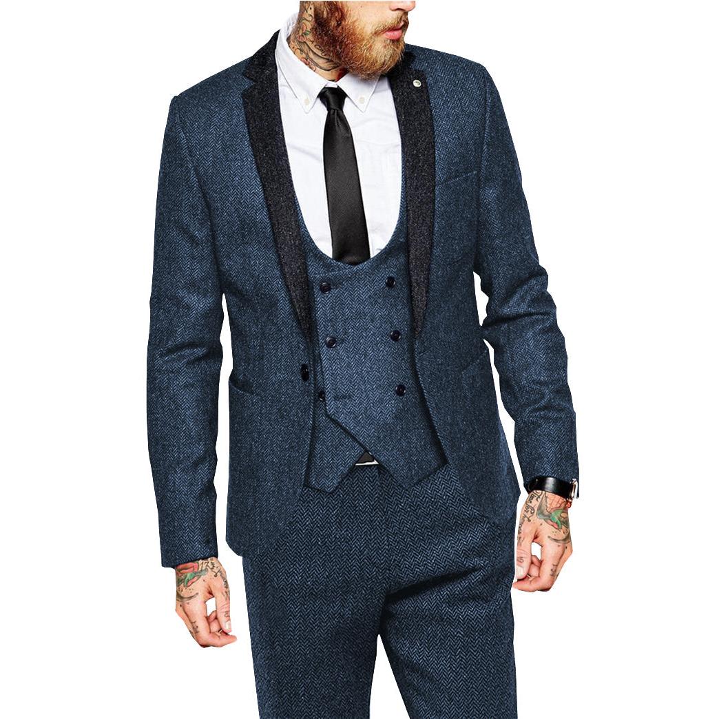 Menseventwear Vintage Classical 3 Piece Mens Suit Herringbone Notch Lapel Blazer (Blazer Vest+Pants) mens event wear
