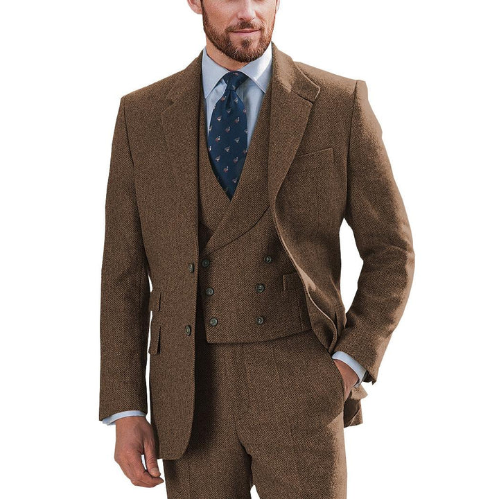 Menseventwear Vintage Classical 3 Piece Mens Suit Herringbone Notch Lapel Blazer (Blazer Vest+Pants) mens event wear