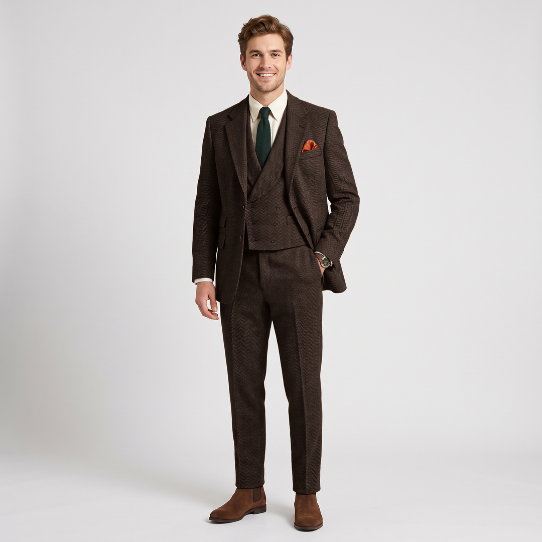 Menseventwear Vintage Classical 3 Piece Mens Suit Herringbone Notch Lapel Blazer (Blazer Vest+Pants) Mens Event Wear