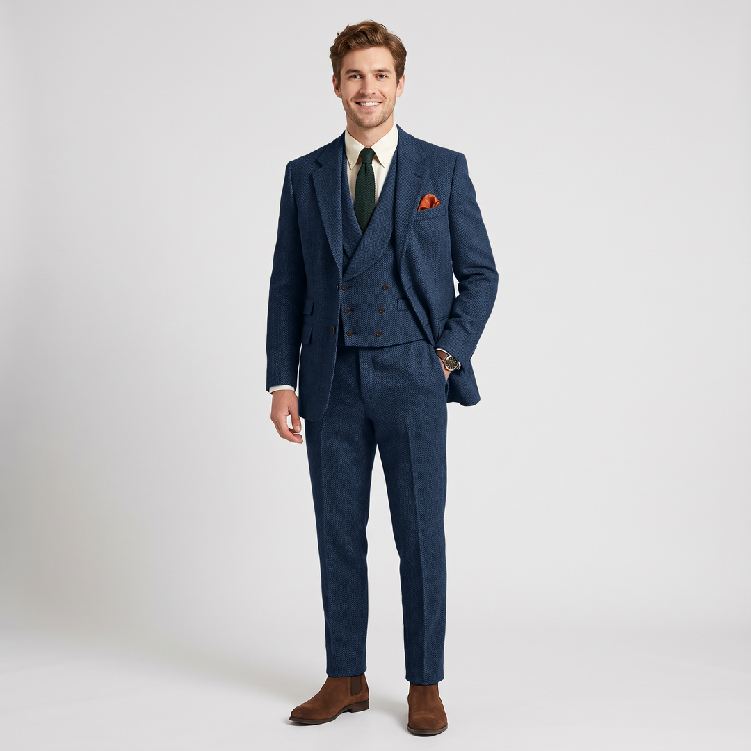 Menseventwear Vintage Classical 3 Piece Mens Suit Herringbone Notch Lapel Blazer (Blazer Vest+Pants) Mens Event Wear