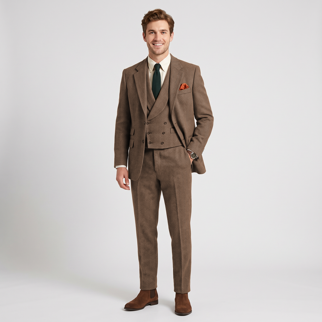 Menseventwear Vintage Classical 3 Piece Mens Suit Herringbone Notch Lapel Blazer (Blazer Vest+Pants) Mens Event Wear