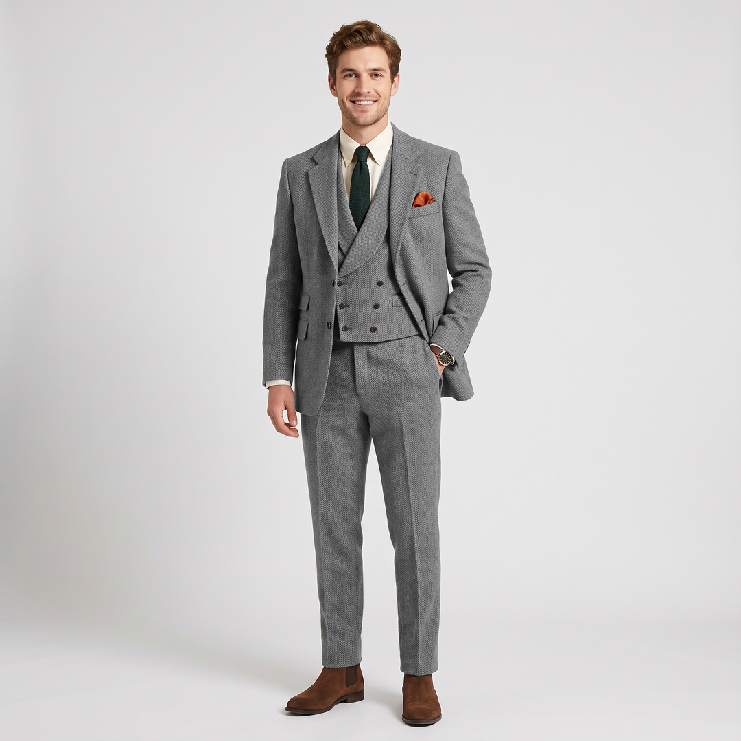 Menseventwear Vintage Classical 3 Piece Mens Suit Herringbone Notch Lapel Blazer (Blazer Vest+Pants) Mens Event Wear