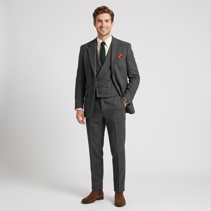 Menseventwear Vintage Classical 3 Piece Mens Suit Herringbone Notch Lapel Blazer (Blazer Vest+Pants) Mens Event Wear