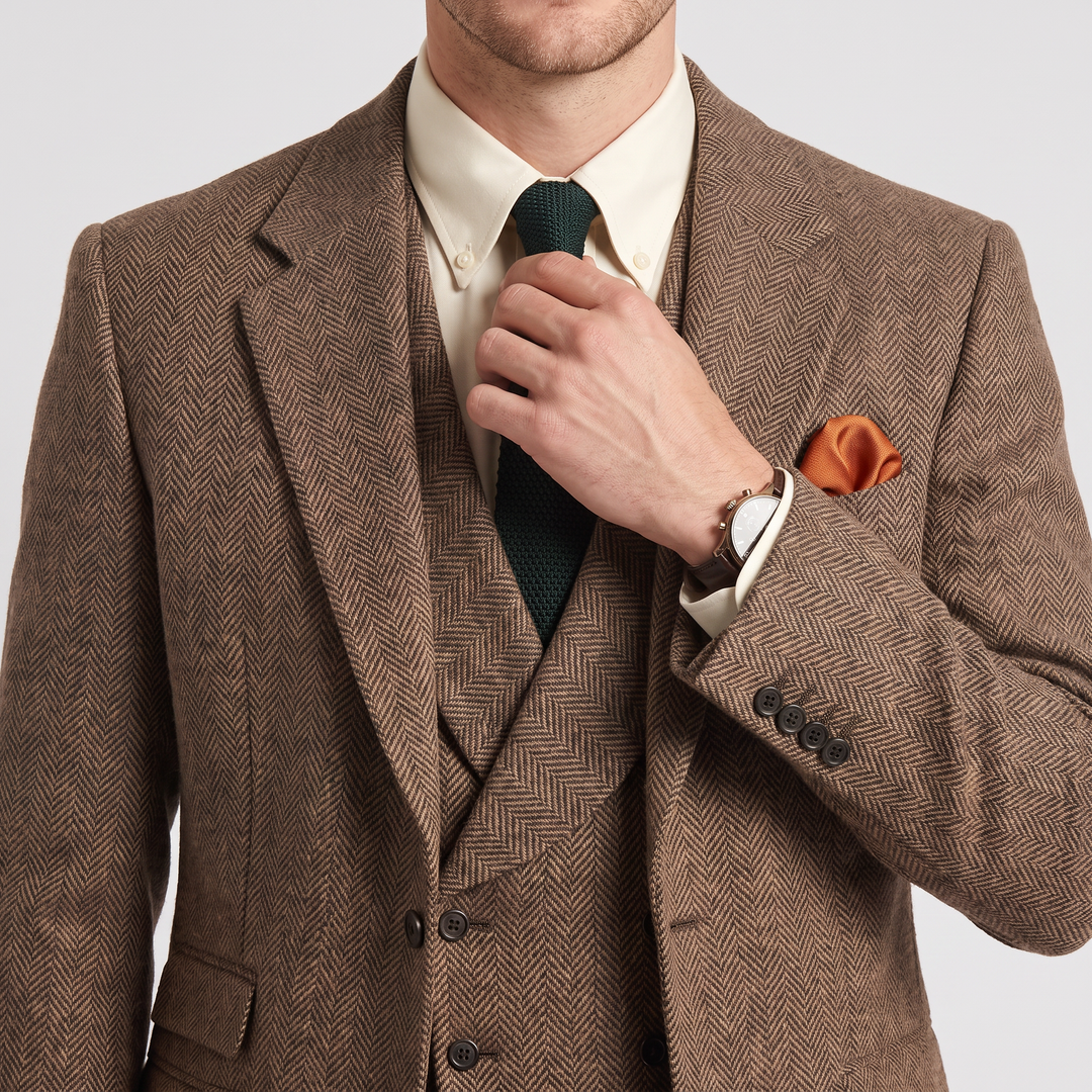 Menseventwear Vintage Classical 3 Piece Mens Suit Herringbone Notch Lapel Blazer (Blazer Vest+Pants) Mens Event Wear