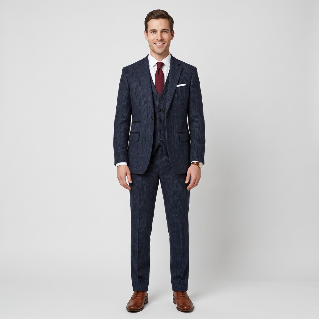 Menseventwear Vintage Classical 3 Pieces Men's Suit Herringbone Tweed Notch Lapel Tuxedos (Blazer+vest+Pants) Mens Event Wear