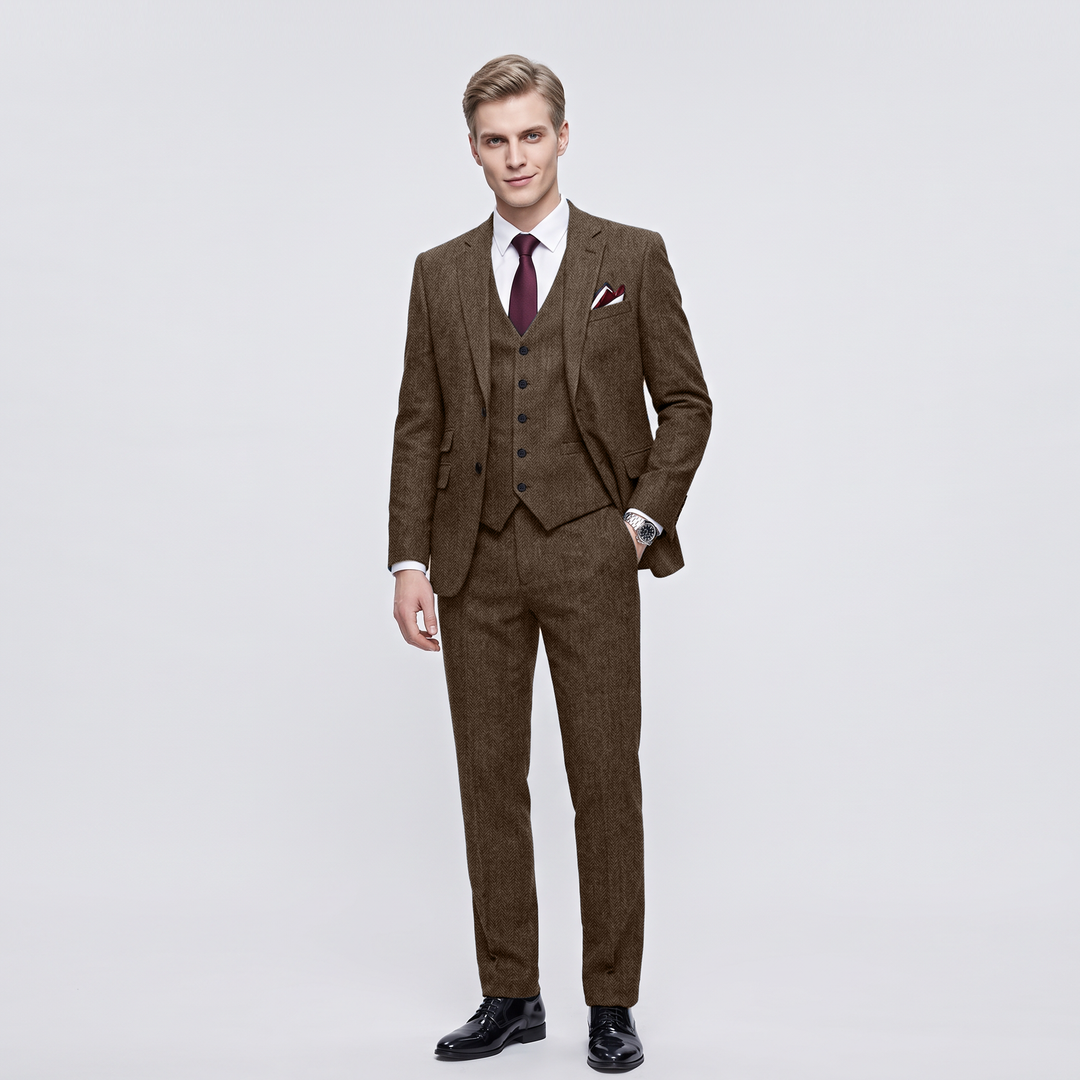 Menseventwear Vintage Classical 3 Pieces Men‘s Suit Herringbone Tweed Notch Lapel Tuxedos (Blazer+vest+Pants) Mens Event Wear