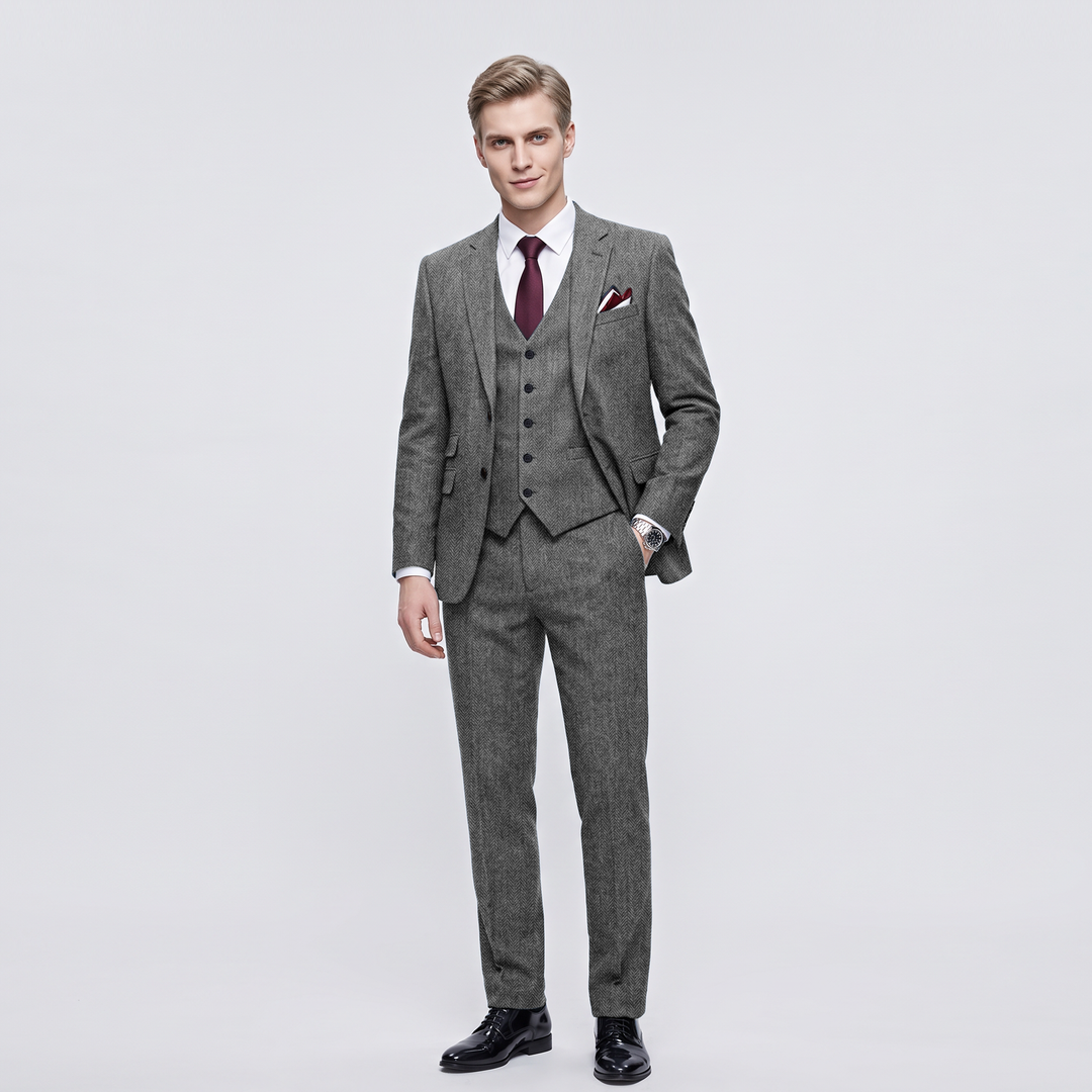 Menseventwear Vintage Classical 3 Pieces Men‘s Suit Herringbone Tweed Notch Lapel Tuxedos (Blazer+vest+Pants) Mens Event Wear